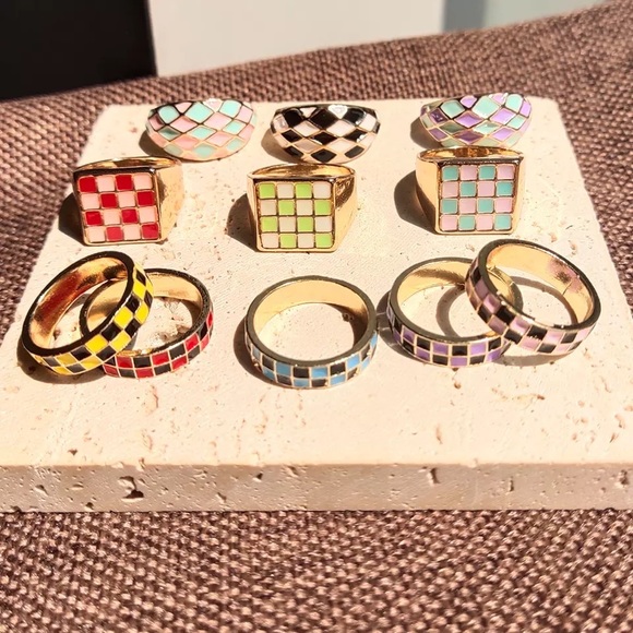 1pcs Alloy Checkered Ring Green Neon Green Gold Rings Glitter Jelly Enamel Trend - Picture 12 of 16